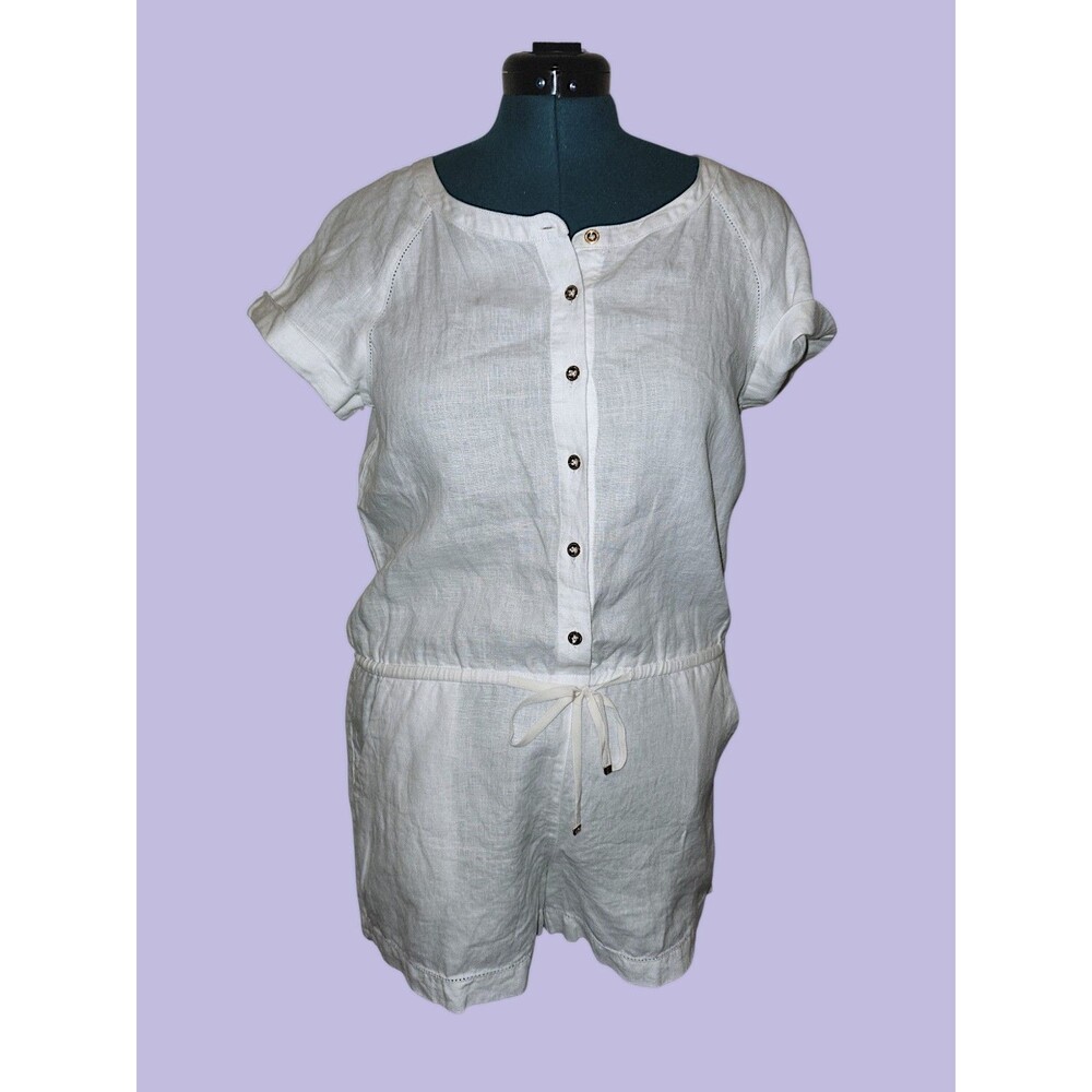 Juicy Couture White 100% Linen CoastalCore Romper with Gold Buttons Size…